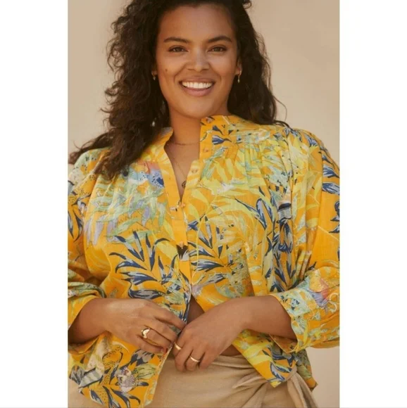 Anthropologie Maeve Yellow Tropical Cotton Lightweight Beach Vacation Buttonup - Picture 10 of 12